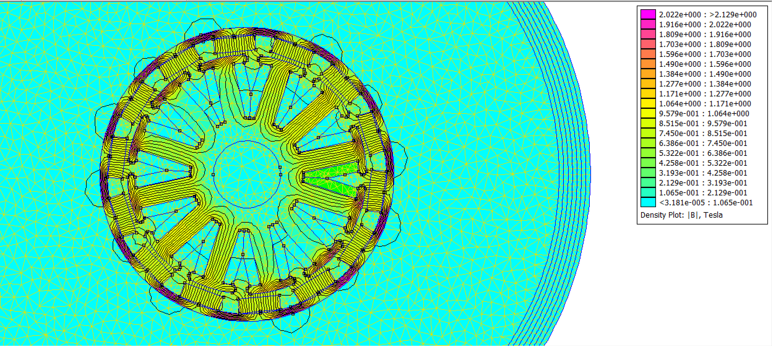 FEMM mesh and |B| flux density plot of the stator/rotor cross-section, peaking at 1.845 T